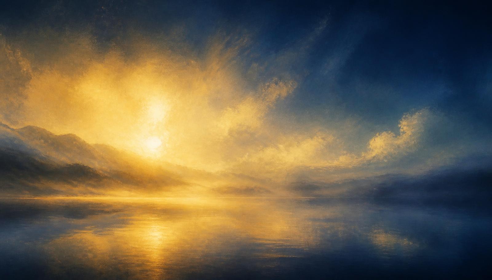 Golden dawn light spreading across deep blue clouds above still water